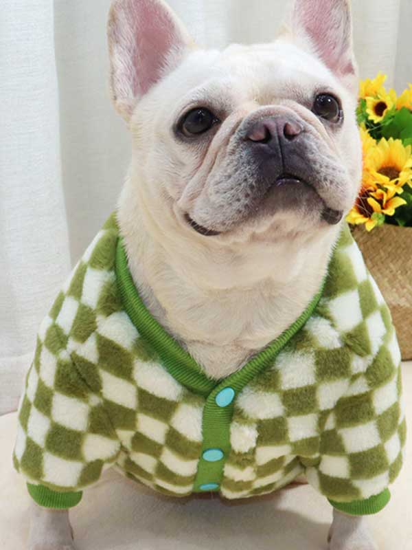 GMTPET Green and white checkerboard fat dog bulldog pug dog French fighting winter clothes plus velvet thick cardigan plush sweater 107-222039 www.gmtpet.net
